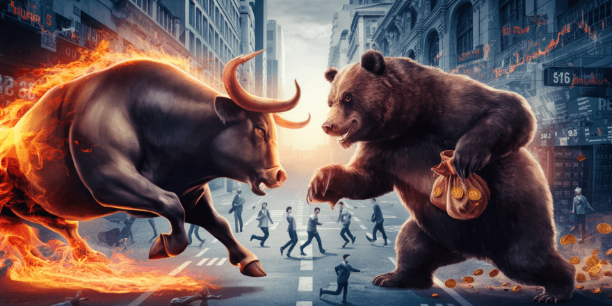 Illustration of a bull and a bear facing each other